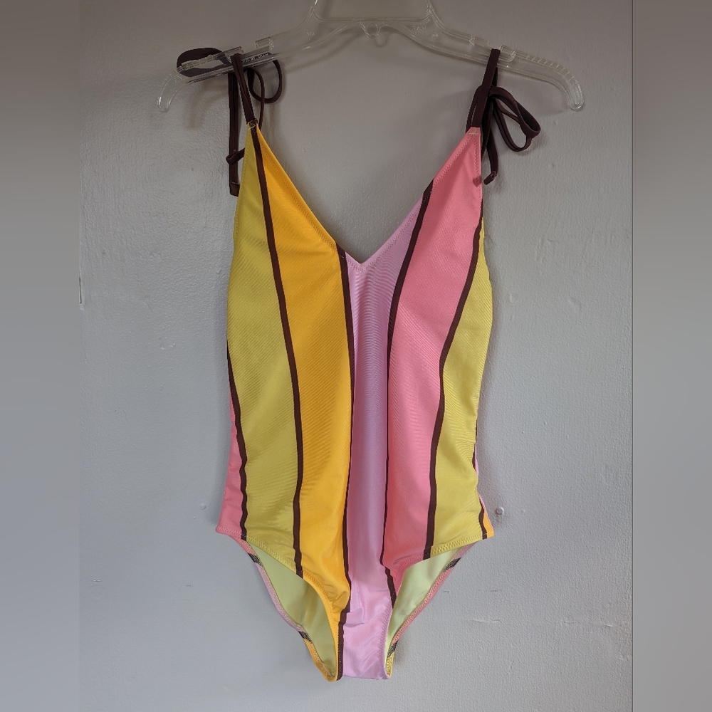 aerie Colorblock One-Piece Swimsuit in Yellow, Pink, Brown